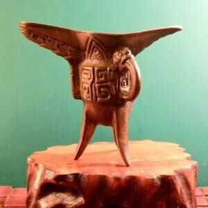 Antique Ceremonial Ritual Bronze Tripod Wine Warming Vessel Chinese Jue Style